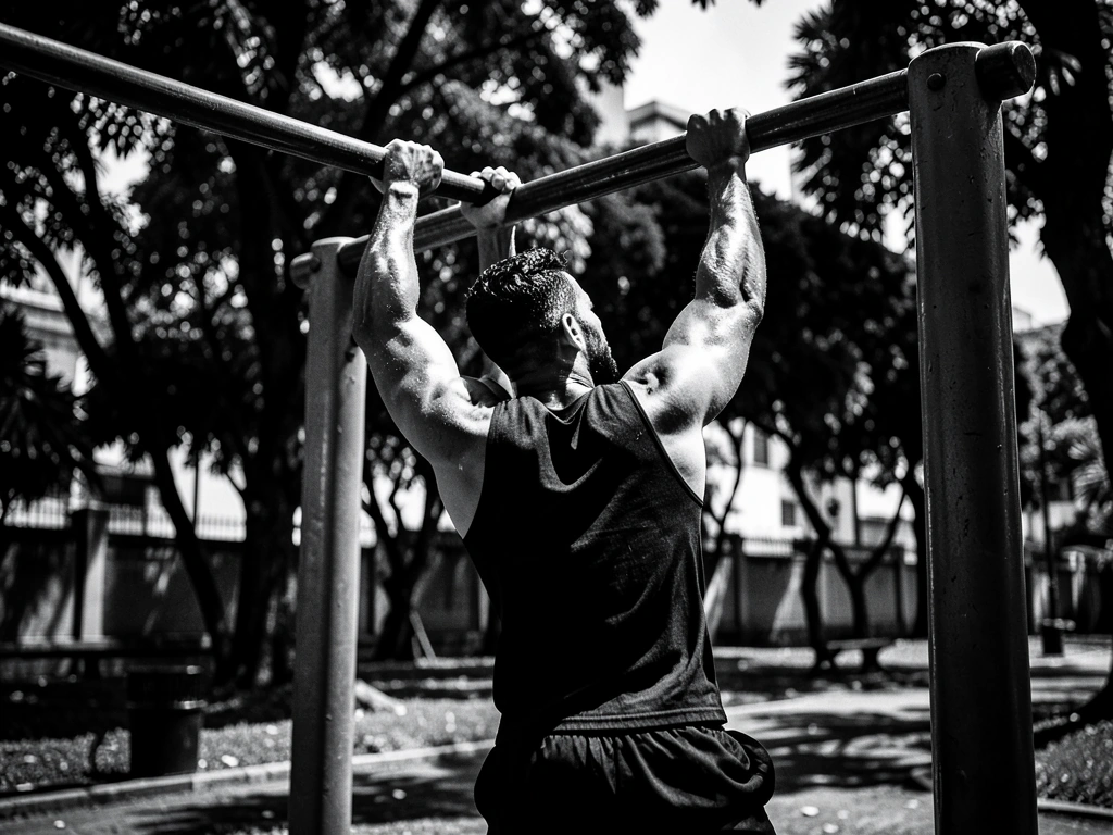Strength training at an outdoor bar